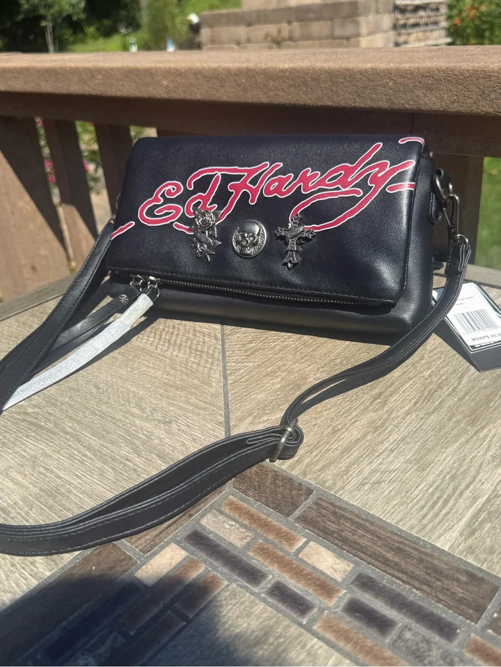 NWT Ed Hardy Foldover Clutch Black Vegan Leather Crossbody Bag